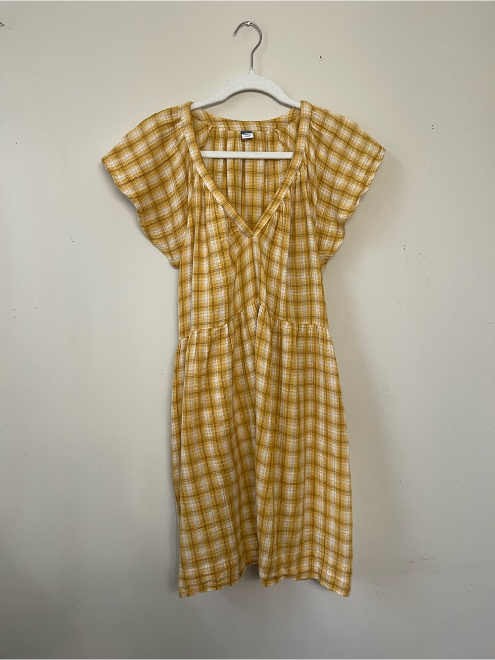 Old Navy Yellow Plaid Mini Dress with V-Neck and Flutter Sleeves